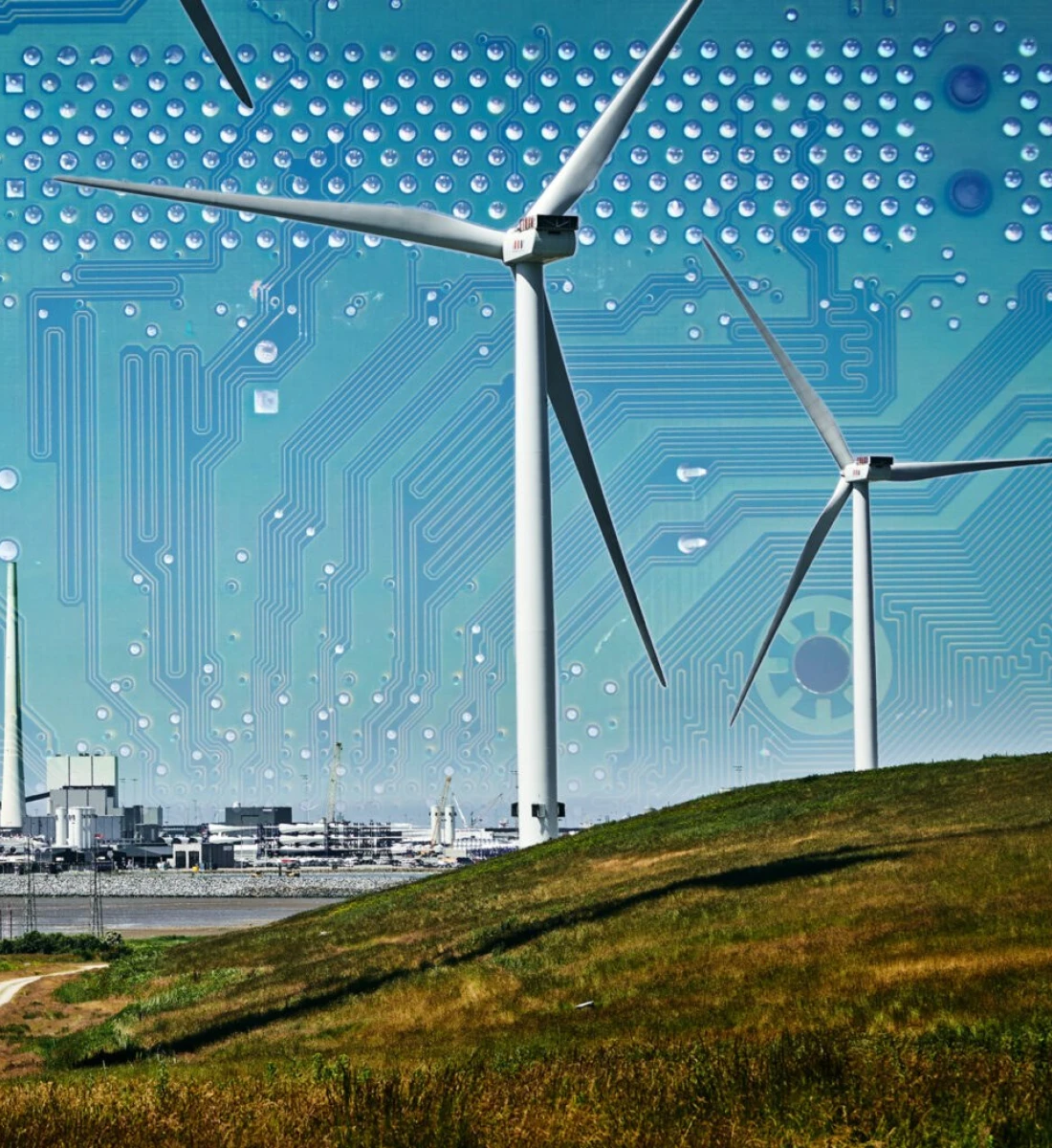 Vindmoeller Esbjerg Havn i baggrunden grafisk redigeret