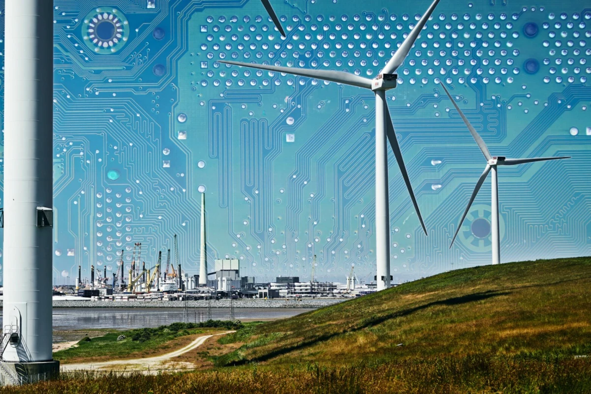 Vindmoeller Esbjerg Havn i baggrunden grafisk redigeret