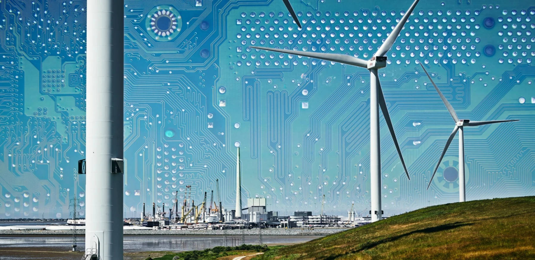 Vindmoeller Esbjerg Havn i baggrunden grafisk redigeret